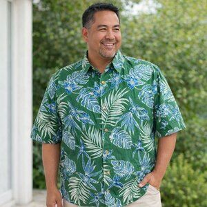 Cooke Street Mens L Hawaiian Aloha Shirt Green Blue Palm Print Camp Made Hawaii
